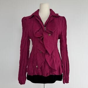 Cowan Jacket Womens Large Pink Ruffle Front Crinkle Zip Microfiber Collar Lined